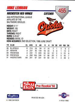 1992 SkyBox Team Sets AAA #455 Mike Lehman Back
