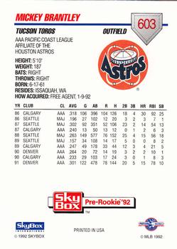 1992 SkyBox Team Sets AAA #603 Mickey Brantley Back