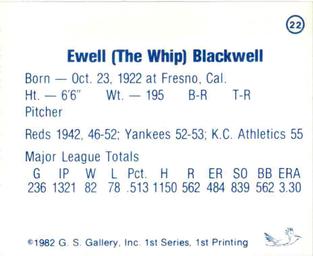 1982 G.S. Gallery All-Time Greats #22 Ewell Blackwell Back