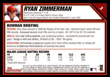 2007 Bowman - Gold #3 Ryan Zimmerman Back
