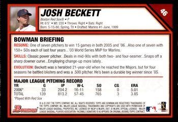 2007 Bowman - Gold #46 Josh Beckett Back