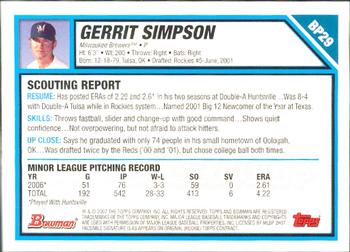 2007 Bowman - Prospects Gold #BP29 Gerrit Simpson Back