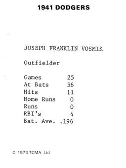 1973 TCMA 1941 Brooklyn Dodgers #NNO Joe Vosmik Back