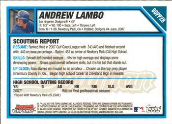 2007 Bowman Draft Picks & Prospects - Chrome Prospects #BDPP28 Andrew Lambo Back
