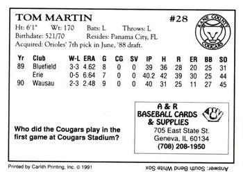 1991 A&R Kane County Cougars #NNO Tom Martin Back
