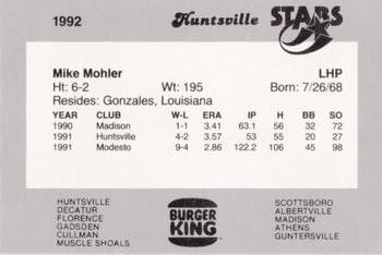 1992 Burger King Huntsville Stars #NNO Mike Mohler Back