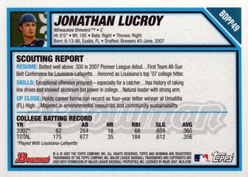 2007 Bowman Draft Picks & Prospects - Prospects #BDPP49 Jonathan Lucroy Back