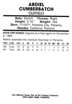 1992 Tampa Yankees #NNO Abdiel Cumberbatch Back