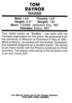 1992 Tampa Yankees #NNO Tom Raynor Back