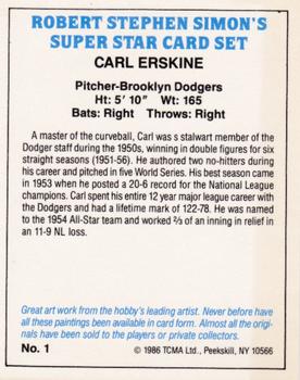 1986 TCMA Simon's Super Stars #1 Carl Erskine Back