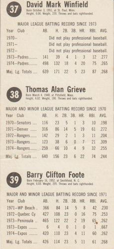 1975 Hostess - Panels #37-39 Dave Winfield / Tom Grieve / Barry Foote Back