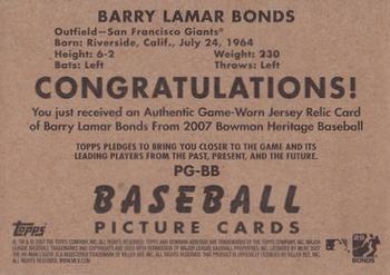 2007 Bowman Heritage - Pieces of Greatness #PG-BB Barry Bonds Back
