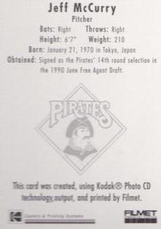 1995 Kodak Pittsburgh Pirates #NNO Jeff McCurry Back