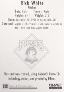 1995 Kodak Pittsburgh Pirates #NNO Rick White Back