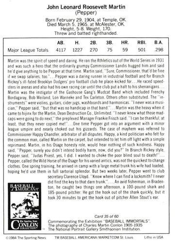 1984 Marketcom Conlon Baseball Immortals #35 Pepper Martin Back