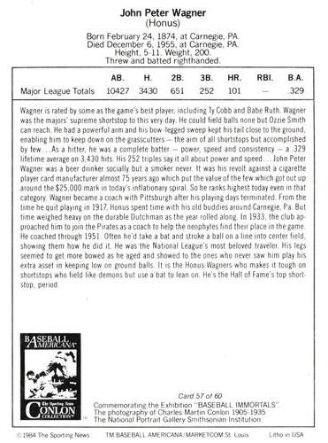 1984 Marketcom Conlon Baseball Immortals #57 Honus Wagner Back