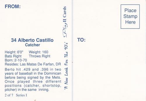 1990 Play II Columbia Mets Postcards #2 Series I Alberto Castillo Back