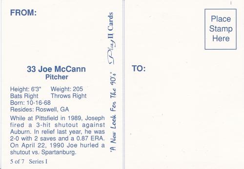 1990 Play II Columbia Mets Postcards #5 Series I Joe McCann Back