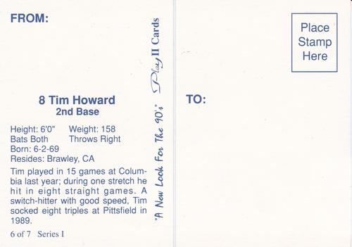 1990 Play II Columbia Mets Postcards #6 Series I Tim Howard Back