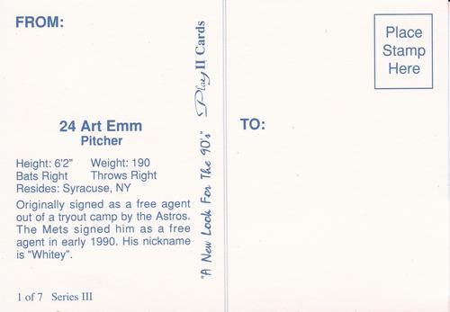 1990 Play II Columbia Mets Postcards #1 Series III Art Emm Back