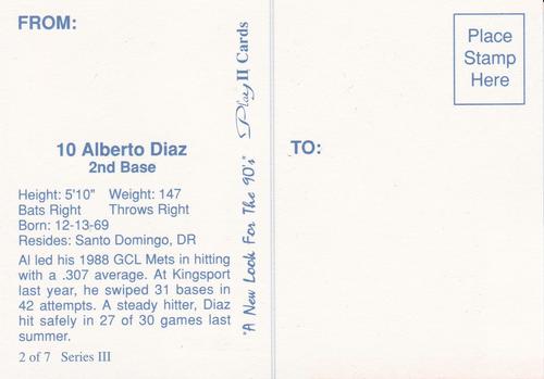 1990 Play II Columbia Mets Postcards #2 Series III Alberto Diaz Back