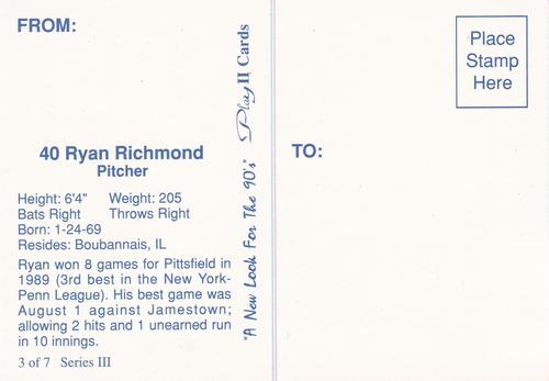 1990 Play II Columbia Mets Postcards #3 Series III Ryan Richmond Back