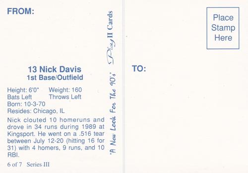 1990 Play II Columbia Mets Postcards #6 Series III Nick Davis Back