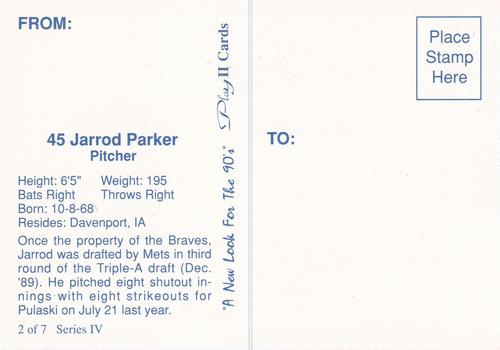 1990 Play II Columbia Mets Postcards #2 Series IV Jarrod Parker Back