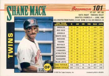 1993 Bowman #101 Shane Mack Back