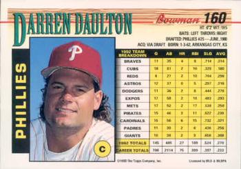 1993 Bowman #160 Darren Daulton Back