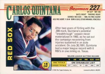 1993 Bowman #227 Carlos Quintana Back