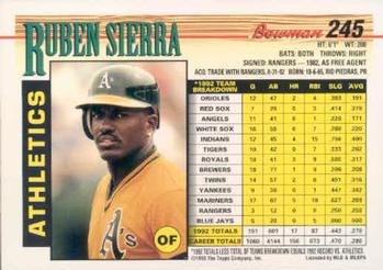 1993 Bowman #245 Ruben Sierra Back