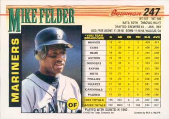 1993 Bowman #247 Mike Felder Back