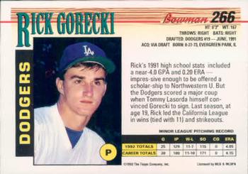 1993 Bowman #266 Rick Gorecki Back