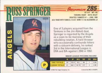 1993 Bowman #285 Russ Springer Back