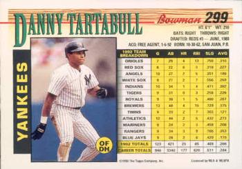 1993 Bowman #299 Danny Tartabull Back