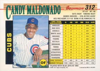 1993 Bowman #312 Candy Maldonado Back