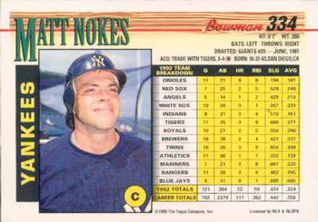 1993 Bowman #334 Matt Nokes Back