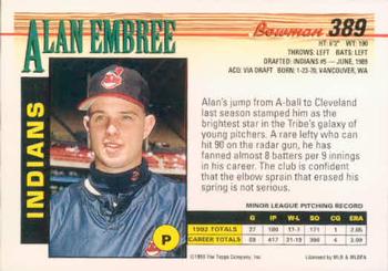 1993 Bowman #389 Alan Embree Back