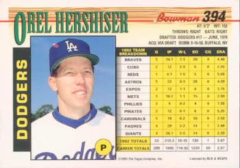 1993 Bowman #394 Orel Hershiser Back