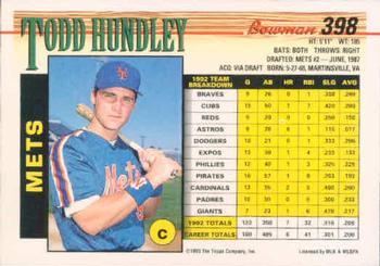 1993 Bowman #398 Todd Hundley Back