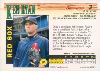 1993 Bowman #3 Ken Ryan Back