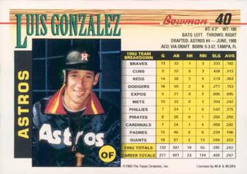 1993 Bowman #40 Luis Gonzalez Back