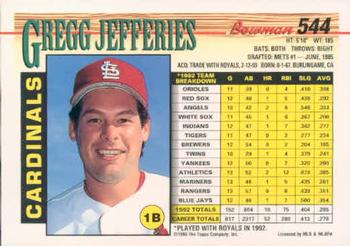 1993 Bowman #544 Gregg Jefferies Back