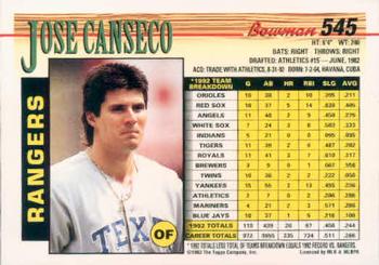 1993 Bowman #545 Jose Canseco Back