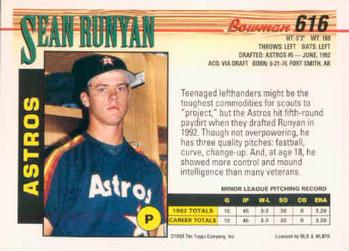 1993 Bowman #616 Sean Runyan Back