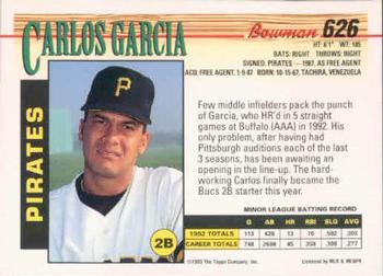 1993 Bowman #626 Carlos Garcia Back