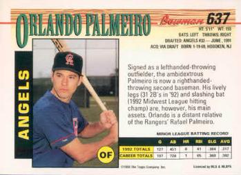 1993 Bowman #637 Orlando Palmeiro Back
