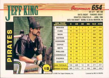 1993 Bowman #654 Jeff King Back