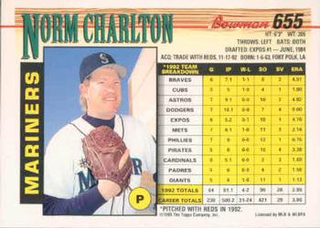 1993 Bowman #655 Norm Charlton Back